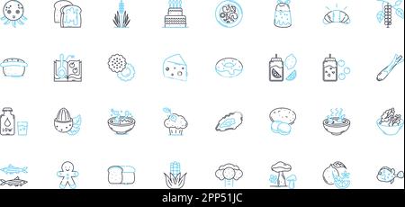 Culinary industry linear icons set. Ingredients, Cuisine, Flavors, Recipes, Gourmet, Cooking, Pastry line vector and concept signs. Plating Stock Vector