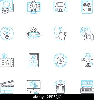 Vodcasting linear icons set. Digital, Broadcasting, Video, Podcasting, Online, Content, Editing line vector and concept signs. Streamlined,Portable Stock Vector