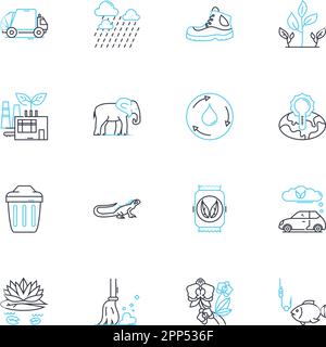 Pollution problems linear icons set. smog, landfill, deforestation, emissions, contamination, waste, acidification line vector and concept signs Stock Vector