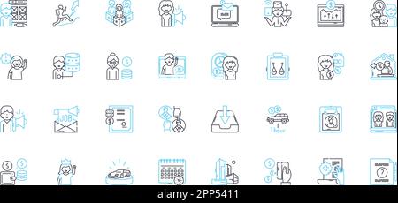 Staff linear icons set. Team, Personnel, Manpower, Employees, Workers, Staffing, Crew line vector and concept signs. Colleagues,Labor,Co-workers Stock Vector