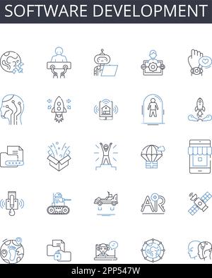 Software development line icons collection. Website design, Social media, Financial planning, Game development, Graphic design, Digital marketing Stock Vector