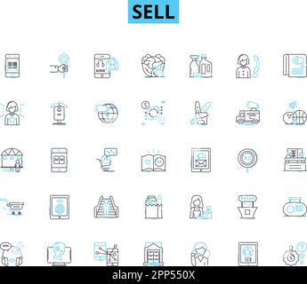 Sell linear icons set. Market, Auction, Distribute, Offer, Vend, Move, Liquidate line vector and concept signs. Trade,Retail,Pitch outline Stock Vector