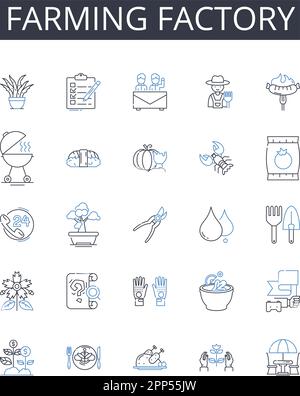 Farming factory line icons collection. Automobile plant, Meat factory, Fishery plant, Textile mill, Power station, Paper mill, Iron foundry vector and Stock Vector