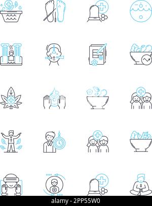 Complementary therapy linear icons set. Alternative, Holistic, Wellness, Reiki, Acupuncture, Massage, Meditation line vector and concept signs Stock Vector