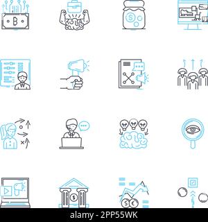 Accounting linear icons set. Audit, Budgeting, Bookkeeping, Balance sheet, Cash flow, Depreciation, Debts line vector and concept signs. Expenses Stock Vector