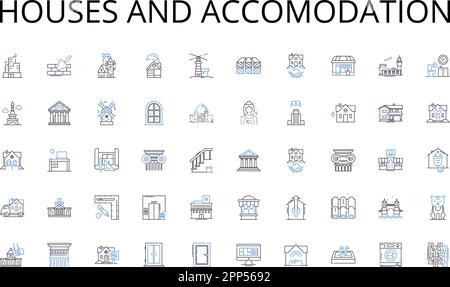 Houses and accomodation line icons collection. Digital, Streaming, Social, Web, Advertisements, Blogging, Vlogging vector and linear illustration Stock Vector