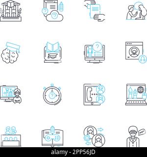 Pedagogy linear icons set. Learning, Teaching, Instruction, Education, Curriculum, Assessment, Classroom line vector and concept signs. Inquiry Stock Vector