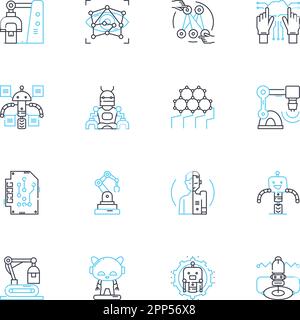 Machine Learning linear icons set. Classification, Regression, Clustering, Neural Nerks, Deep Learning, Supervised Learning, Unsupervised Learning Stock Vector