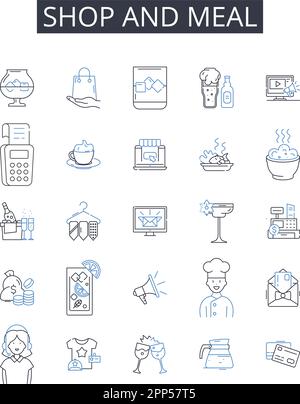 Shop and meal line icons collection. hop, Store, Boutique, Market, Emporium, Outlet, Establishment vector and linear illustration. Bazaar,Mart Stock Vector