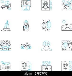 Landing strip linear icons set. Airport, Runway, Clearway, Tarmac, Apron, Taxiway, Airliner line vector and concept signs. Pavement,Jetway,Terminal Stock Vector