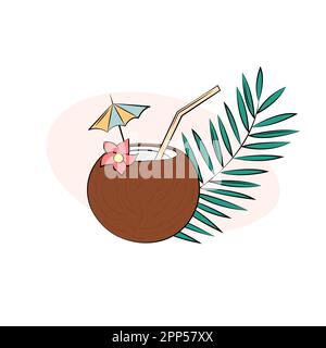 Coconut milk cocktail isolated. Cute summer vacations drink. Fresh tropical beverage and palm leaf. Outline vector illustration of brown coconut with Stock Vector