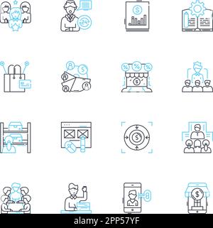 Marketing firm linear icons set. Branding, Advertising, Promotions, Strategy, Analytics, Digital, SEO line vector and concept signs. Social,Content Stock Vector