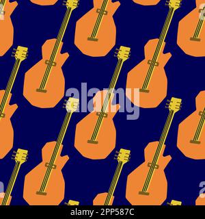 Seamless pattern with illustration of musical instrument electric guitar in cutting style orange color on blue background Stock Vector