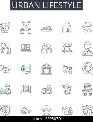 Urban lifestyle line icons collection. Rural living, Cosmopolitan vibe, Metropolitan culture, Fast-paced routine, Modern existence, Contemporary Stock Vector