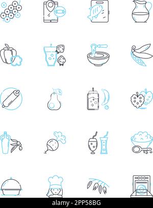 Beverage market linear icons set. Refreshment, Thirst-quencher, Hydration, Energy drinks, Juices, Soft drinks, Fizzy drinks line vector and concept Stock Vector