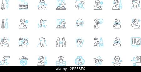 Tooth care linear icons set. Flossing, Brushing, Mouthwash, Gum, Dental, Tartar, Decay line vector and concept signs. Cavity,Whitening,Enamel outline Stock Vector