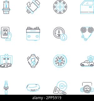 Purchase a vehicle linear icons set. Vehicle, Car, Auto, Buy, Purchase, Financing, Lease line vector and concept signs. Loan,Dealership,Trade-in Stock Vector