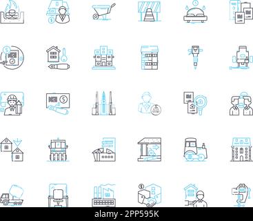 Municipal construction linear icons set. Infrastructure, Development, Urbanization, Planning, Engineering, Building, Reconstruction line vector and Stock Vector