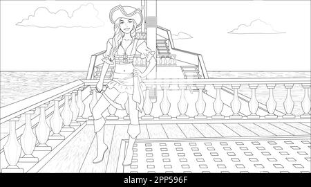 Pirate Girl Coloring Page with a Ship Background in the Sea. Vector Illustration Stock Vector