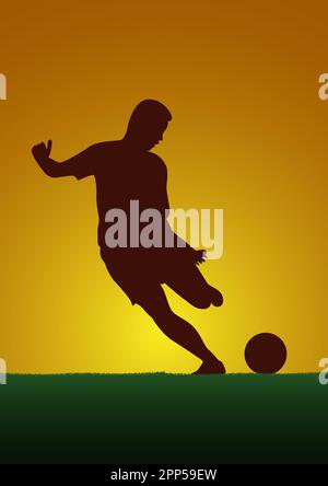 Football competition tournament, Soccer player on sunset background. Vector poster with man playing game and ball in silhouette Stock Vector