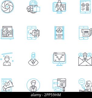 Search engine linear icons set. Google, Yahoo, Bing, Search, Results, Algorithms, Optimization line vector and concept signs. Crawling,Indexing,SERP Stock Vector