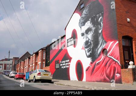 A general view of a mural of former Liverpool player Steven Gerrard before the Premier League match Liverpool vs Nottingham Forest at Anfield, Liverpool, United Kingdom, 22nd April 2023  (Photo by Steve Flynn/News Images) Stock Photo