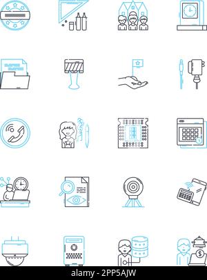Fax machine linear icons set. Communication, Fax, Technology, Telecommunication, Office, Paperwork, Transmission line vector and concept signs. Copy Stock Vector