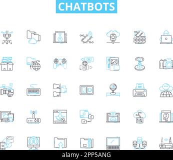 Chatbots linear icons set. Automation, Conversation, Interaction, Intelligence, AI, Assistance, Engaging line vector and concept signs. User-friendly Stock Vector