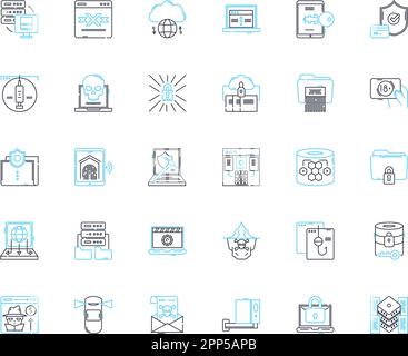 Nerk protection linear icons set. Security, Firewall, Encryption, Privacy, Defense, Shielding, Antivirus line vector and concept signs. Safety Stock Vector