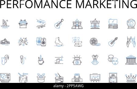 Perfomance marketing line icons collection. Digital advertising, Content marketing, Brand management, SEO optimization, Affiliate marketing, Email Stock Vector