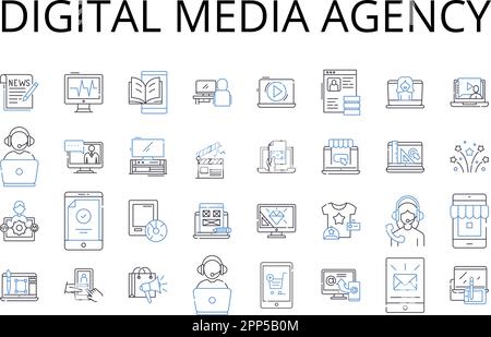 Digital media agency line icons collection. Creative studio, Marketing firm, Design agency, Advertising company, Branding agency, Communications firm Stock Vector