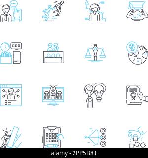 Interactive teaching linear icons set. Engaging, Innovative, Responsive, Collaborative, Dynamic, Experiential, Adaptive line vector and concept signs Stock Vector