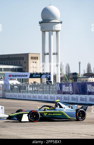 Berlin, Germany. 22nd Apr, 2023. Motorsport: Formula E: Berlin E-Prix at Tempelhofer Feld, qualifying: Robin Frijns of the ABT Cupra team on track. Credit: Fabian Sommer/dpa/Alamy Live News Stock Photo