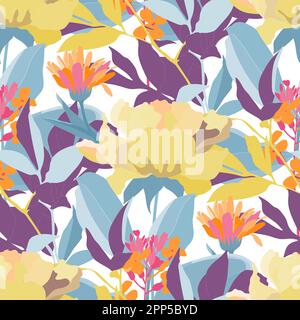 Vector floral seamless pattern. Yellow, orange flowers, blue and purple leaves Stock Vector