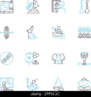 Water recreation linear icons set. Swimming, Boating, Kayaking, Surfing, Paddleboarding, Fishing, Jet skiing line vector and concept signs. Water Stock Vector