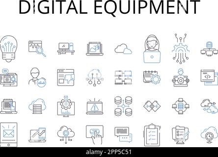 Digital equipment line icons collection. Electronic devices, Cyber gadgets, Virtual instruments, Technological machines, Computational tools, Online Stock Vector