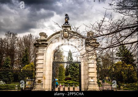 Chorzów, Silesia, Poland; April 15th, 2023: Ornametal stone gate to the Chorzow Zoo Stock Photo