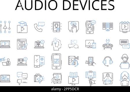 Audio devices line icons collection. Text messages, Video games, Musical instruments, Security systems, Image editing, Social media, Mobile devices Stock Vector