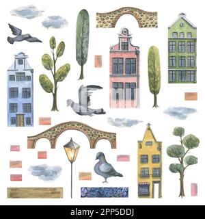 Set of cute european houses with trees, stone bridges, lantern, doves and clouds. Watercolor illustration hand drawn. Isolated objects on a white Stock Photo