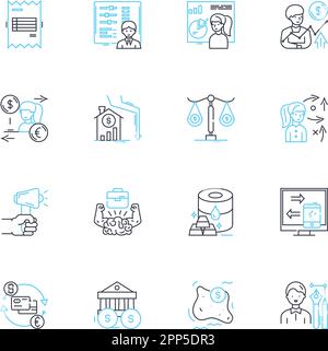 Stock trading linear icons set. Shares, Investment, Market, Trading, Equity, Bull, Bear line vector and concept signs. Portfolio,Dividend,Risk outline Stock Vector