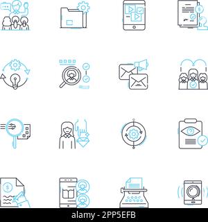 Brand creation linear icons set. Strategy, Identity, Logo, Mission, Vision, Voice, Personality line vector and concept signs. Messaging Stock Vector