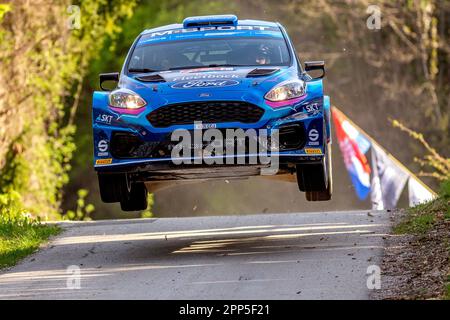 ZAGREB, CROATIA - APRIL 22: Gregoire Munster of Luxemburg and Louis Louka of Belgium compete in their M-Sport Ford WRT Ford Fiesta Mk II during Day Two of the FIA World Rally Championship Croatia on April 22, 2023 at Petrus Vrh near Karlovac, Croatia. Photo: Igor Kralj/PIXSELL Stock Photo