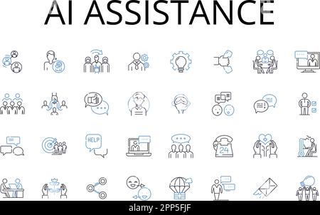 AI assistance line icons collection. Automated help, Digital support, Smart guidance, Virtual aid, Intelligent backing, Modern assistance, Robotic Stock Vector