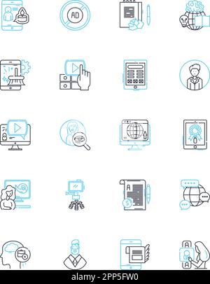Latest technology linear icons set. Artificial Intelligence, Robotics, Blockchain, Quantum Computing, Augmented Reality, Virtual Reality, Internet of Stock Vector