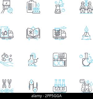 Scientific inquiry linear icons set. Experimentation, Observation, Data, Hypothesis, Analysis, Inference, Measurement line vector and concept signs Stock Vector