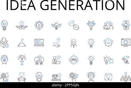 Idea generation line icons collection. Brainstorming session, Conceptualization creation, Innovation initiation, Originality inception, Perception Stock Vector