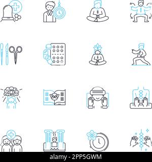 Natural remedies linear icons set. Acupressure, Aromatherapy, Ayurveda, Chamomile, Chiropractic, Cinnamon, Clove line vector and concept signs Stock Vector
