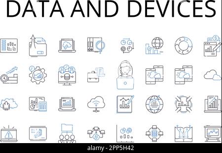 Data and devices line icons collection. Information and gadgets, Stats and tools, Facts and equipment, Figures and instruments, Records and machinery Stock Vector