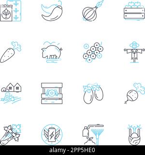Produce market linear icons set. Fresh, Organic, Local, Fruits, Vegetables, Seasonal, Farm-fresh line vector and concept signs. Exotic,Hand-picked Stock Vector