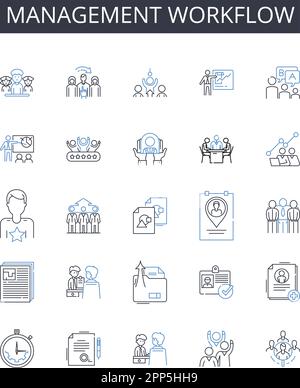 Management workflow line icons collection. Project management, Creative workflow, Business strategy, Marketing planning, Production pipeline Stock Vector